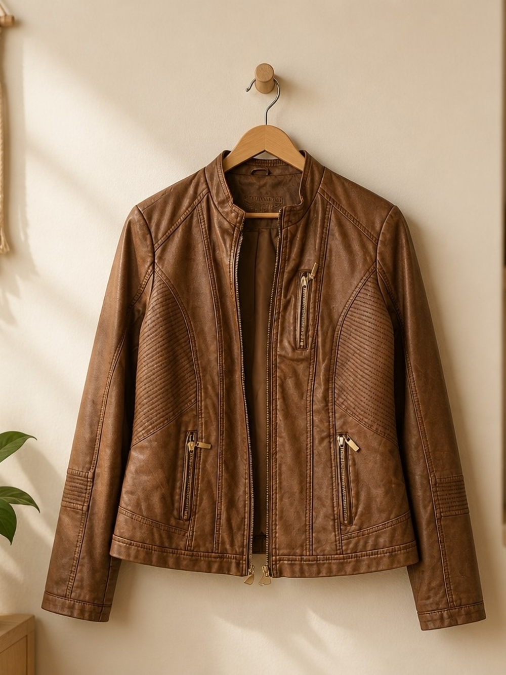 Women's Brown Faux Leather Zip Moto Jacket